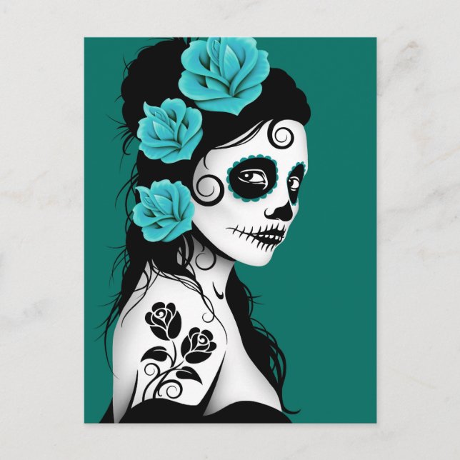 Teal Blue Day of the dead Sugar Skull Girl Vykort (Framsida)