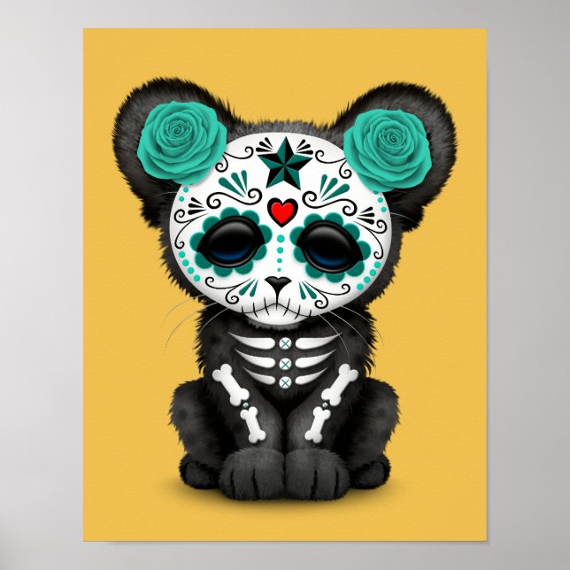 Teal Blue Day of the dead Sugar Skull Panther Unge Poster (Framsidan)