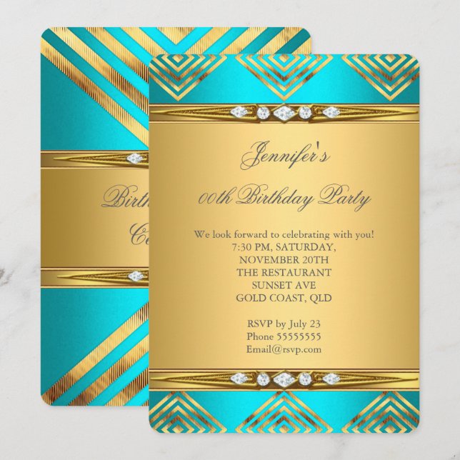 Teal Blue Deco Rand Guld Diamond Party Inbjudningar (Fram/baksida)