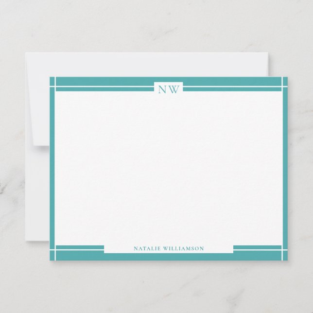 Teal Blue Decorative Gräns Monogram Note Card Anteckningskort (Framsida)