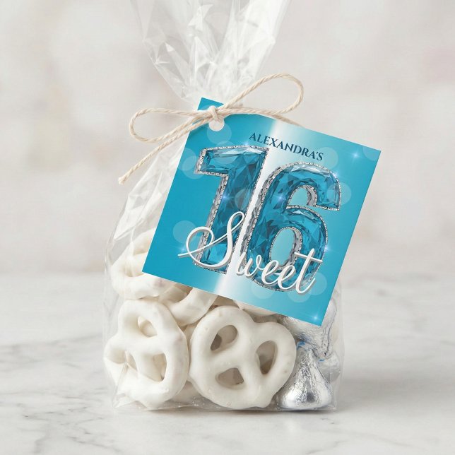 Teal Blue Diamond Gemstone Sweet 16 Birthday Party Gåvor Etiketter (Skapare uppladdad)