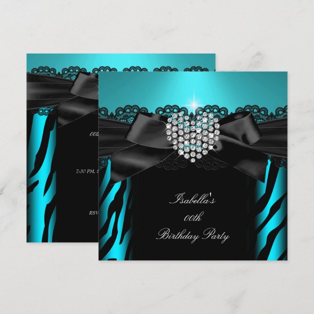 Teal Blue Diamond Heart Zebra Födelsedagsfest 2 Inbjudningar (Fram/baksida)
