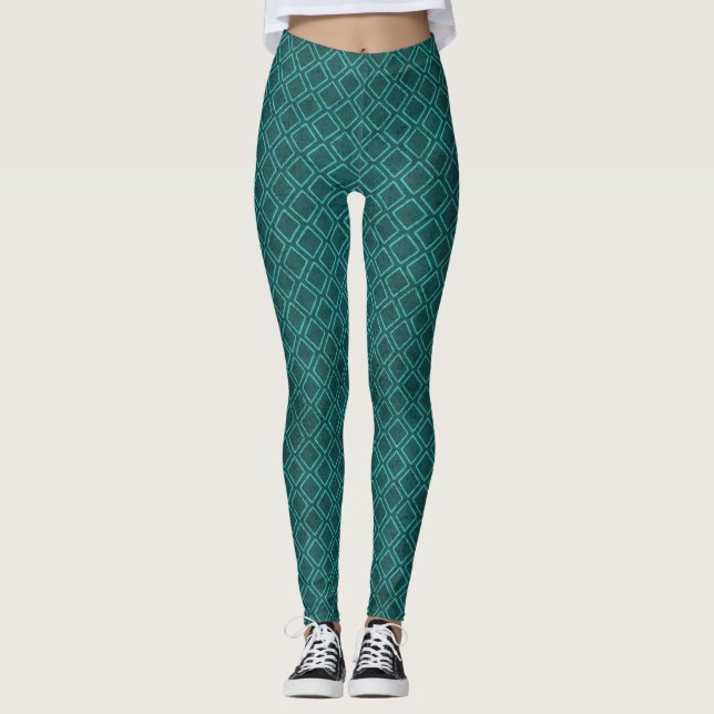 Teal Blue Diamond Mönster Leggings (Framsida)