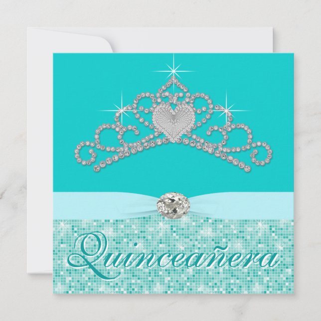 Teal Blue Diamond Tiara Teal Blue Quincenera Inbjudningar (Framsida)