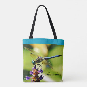Teal blue dragonfly lila blommor pond w/ Namn Tygkasse