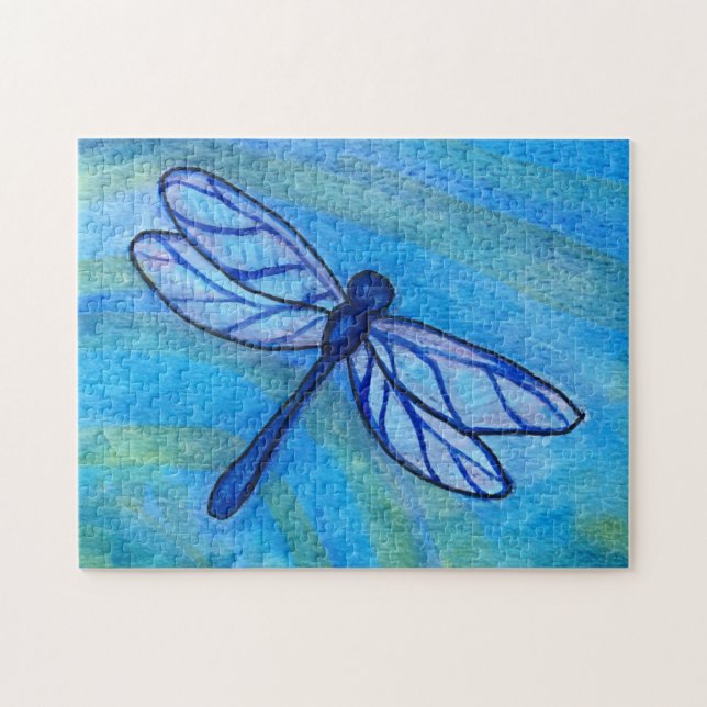 Teal Blue Dragonfly Vingar Vatten Pussel (Horisontell)