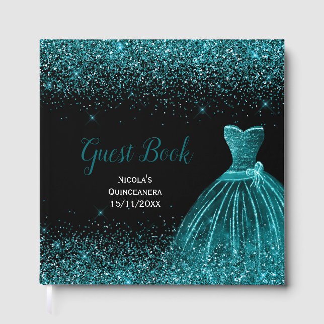 Teal Blue Dress Faux Glitter Quinceanera Gästböcker (Framsida)