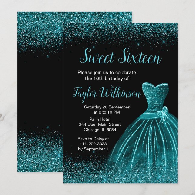 Teal Blue Dress Faux Glitter Sweet 16 Birthday Inbjudningar (Fram/baksida)