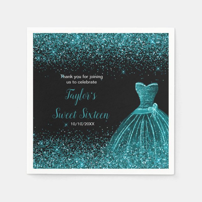 Teal Blue Dress Faux Glitter Sweet 16 Birthday Pappersservett (Framsidan)