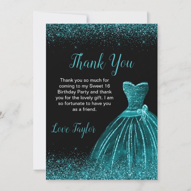 Teal Blue Dress Faux Glitter Sweet 16 Birthday Tack Kort (Framsida)