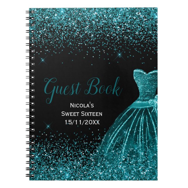 Teal Blue Dress Faux Glitter Sweet 16 Guest Book Anteckningsbok (Framsidan)