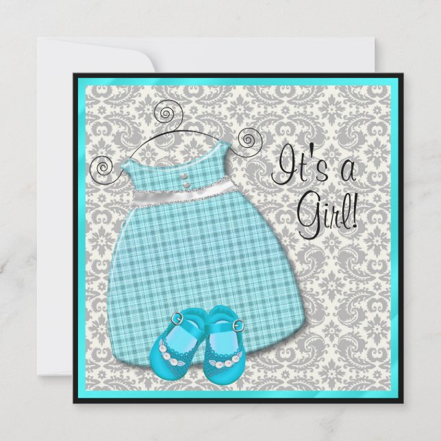 Teal Blue Dress Shower Teal Damask Flicka Shower Inbjudningar (Framsida)