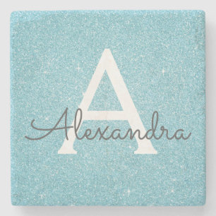 Teal Blue Elegant Glitter & Gnistra Monogram Stenunderlägg