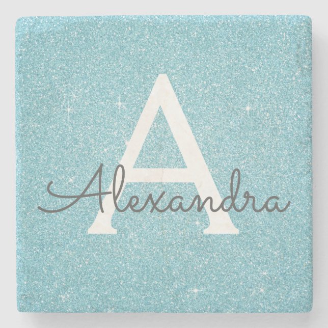 Teal Blue Elegant Glitter & Gnistra Monogram Stenunderlägg (Framsidan)