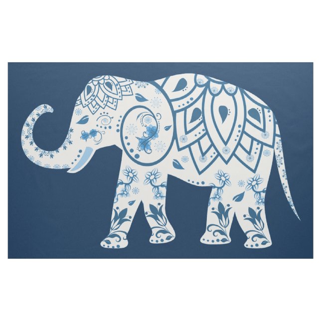 Teal Blue Elephant Mural Fabric Tyg (Yard)
