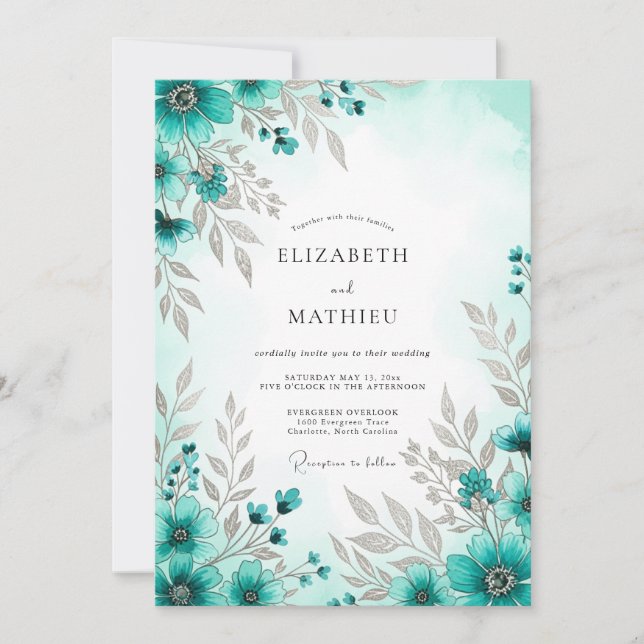 Teal Blue Exquisite Spring Wedding Inbjudningar (Framsida)