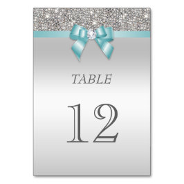 Teal Blue Faux Bow Silver Sequins Bordsnummer