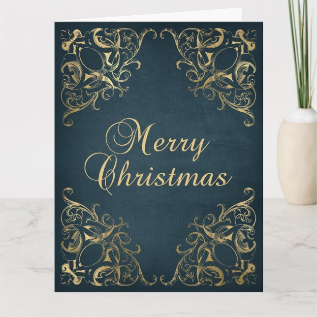 Teal Blue Faux Gold Ornate Border Merry Christmas Kort (Framsida)