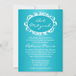 Teal Blue Flourish Swirl Ram Bat mitzvah Inbjudningar