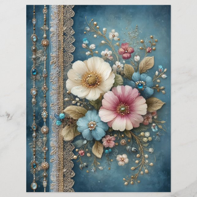 Teal Blue Flowers Junk Journal Scrapbook Paper (Framsida)
