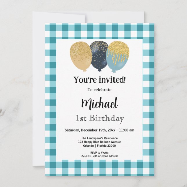 Teal Blue Gingham, Party Balloons 1st Birthday Inbjudningar (Framsida)