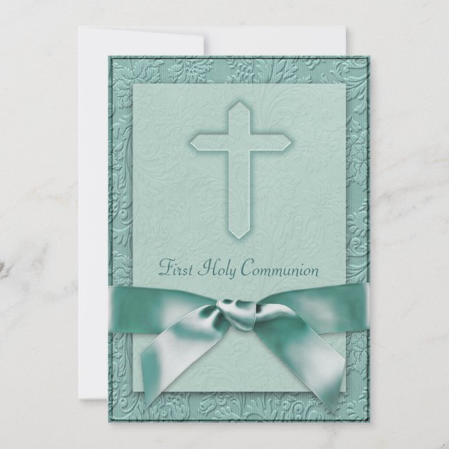 Teal Blue Girls First Communion-inbjudan Inbjudningar (Framsida)