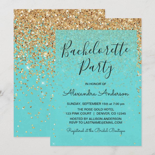 Teal Blue Girly Glitter Gnistra Bachelorette Party Inbjudningar (Fram/baksida)