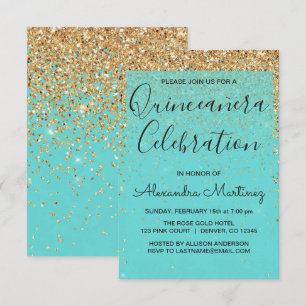 Teal Blue Girly Glitter Gnistra Quinceanera Inbjudningar