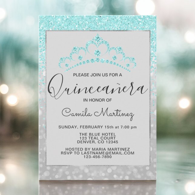Teal Blue Girly Glitter Gnistra Quinceanera Inbjudningar (Skapare uppladdad)