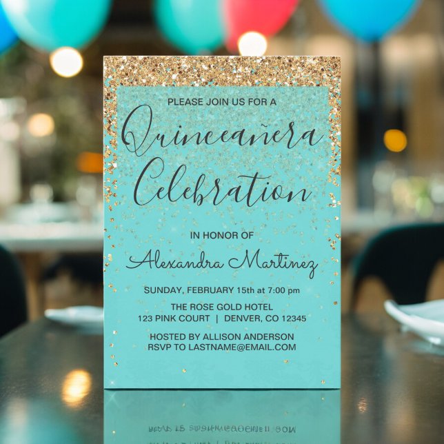 Teal Blue Girly Glitter Gnistra Quinceanera Inbjudningar (Skapare uppladdad)