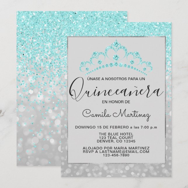 Teal Blue Girly Glitter Gnistra Quinceanera Inbjudningar (Fram/baksida)