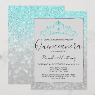 Teal Blue Girly Glitter Gnistra Quinceanera Inbjudningar