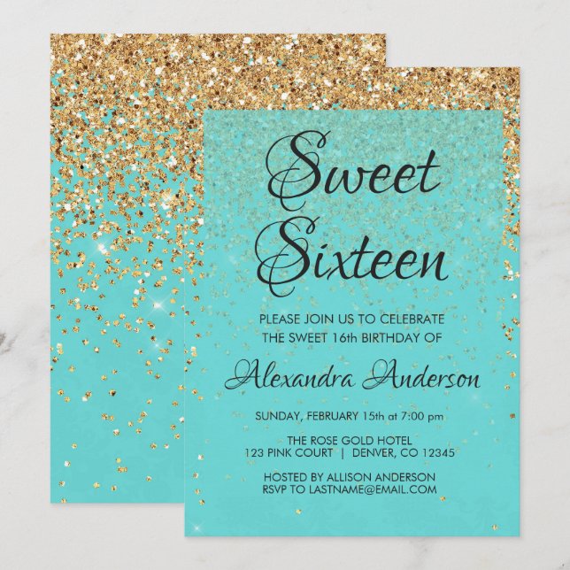 Teal Blue Girly Glitter Gnistra Sweet 16 Birthday Inbjudningar (Fram/baksida)