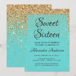 Teal Blue Girly Glitter Gnistra Sweet 16 Birthday Inbjudningar