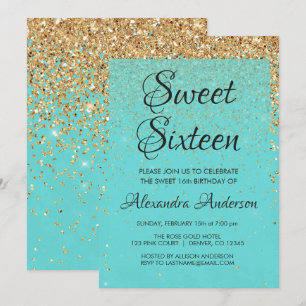 Teal Blue Girly Glitter Gnistra Sweet 16 Birthday Inbjudningar