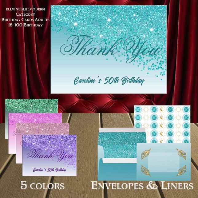 Teal Blue Glitter, 50:e födelsedagen Tack Vykort (Skapare uppladdad)