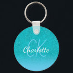 Teal blue glitter aqua grönt monogram initialer nyckelring<br><div class="desc">En färgad,  blå grönt glitter-övertoningsbakgrund. Anpassa och lägga till namn och monogram brev. Ett modernt stil-skript,  vitt och blått brev</div>