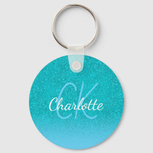Teal blue glitter aqua grönt monogram initialer nyckelring