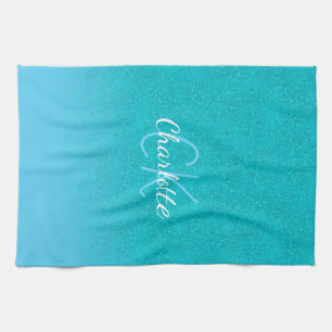 Teal blue glitter aqua sea grönt monogram initiale kökshandduk