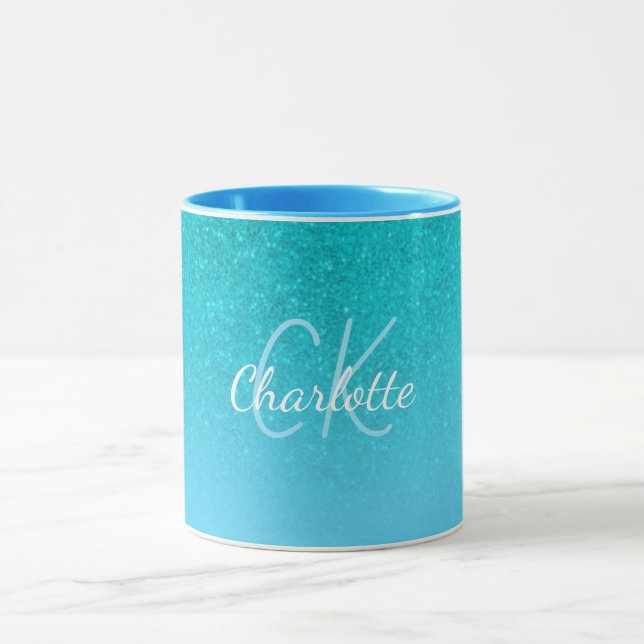 Teal blue glitter aqua sea grönt monogram initiale mugg (Center)