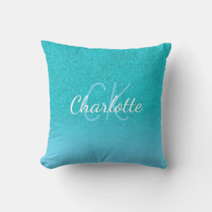 Teal blue glitter aqua sea grönt monogram kudde