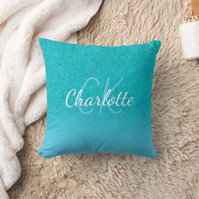 Teal blue glitter aqua sea grönt monogram kudde (Filt)
