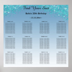 Teal Blue Glitter Birthday Alphabetic Seatplan Poster