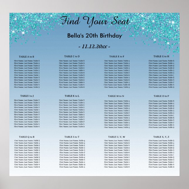 Teal Blue Glitter Birthday Alphabetic Seatplan Poster (Framsidan)