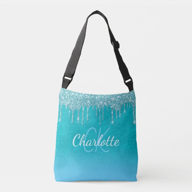 Teal blue glitter dricks aqua grönt monogram axelväska (Framsida)