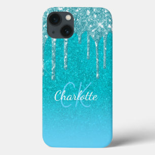 Teal blue glitter drip aqua sea grönt monogram
