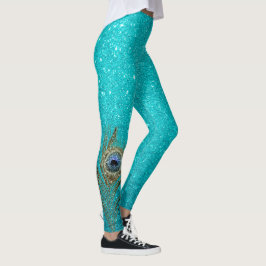 Teal Blue Glitter Glam med Peacock Feather Leggings