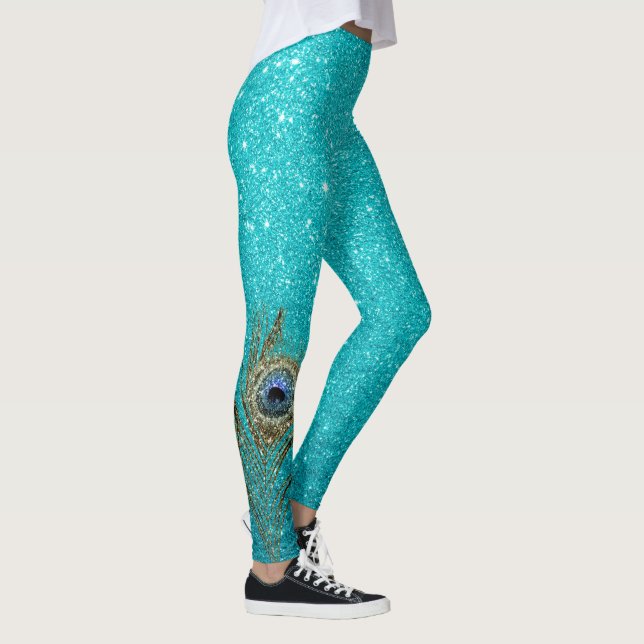 Teal Blue Glitter Glam med Peacock Feather Leggings (Höger)