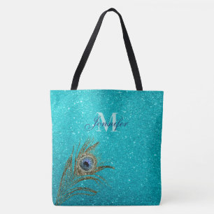 Teal Blue Glitter Glam med Peacock Feather Tote Tygkasse