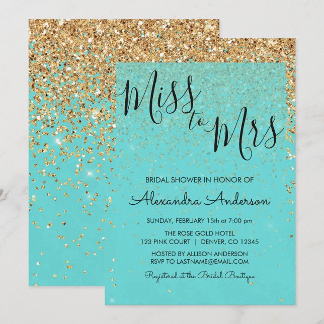 Teal Blue Glitter Miss till Mrs Möhippa Inbjudningar (Fram/baksida)